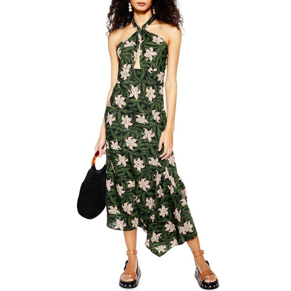 Topshop Dresses & Skirts - TOPSHOP Hibiscus Floral Halter Midi Dress Green 10 NEW